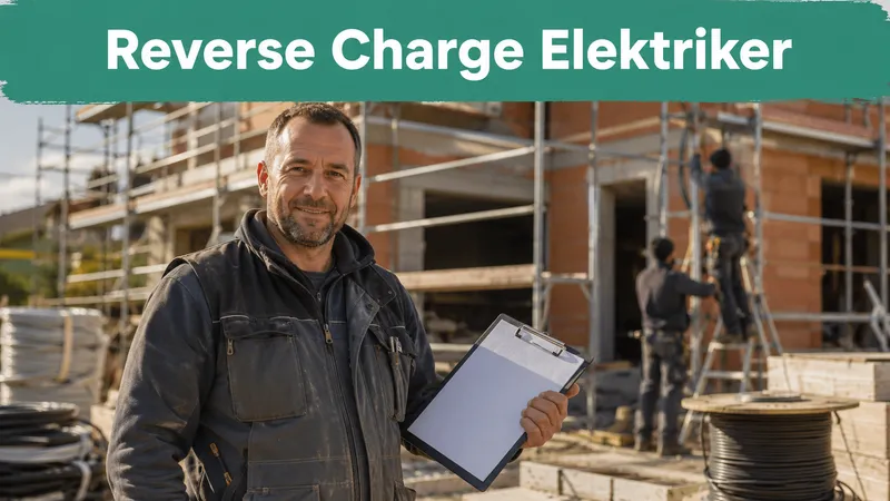 Elektriker steht mit Klemmbrett und Rechnung vor einem Rohbau mit Gerüst; Banner-Text „Reverse Charge Elektriker“