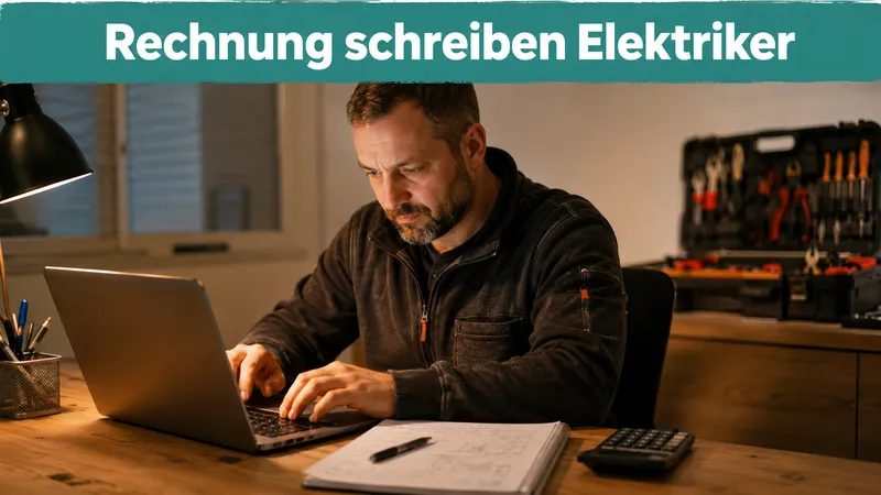 Selbstständiger Elektriker sitzt abends im Büro am Laptop und schreibt eine Rechnung, daneben Auftragsnotizen und eine Werkzeugkiste; Banner-Text „Rechnung schreiben Elektriker“
