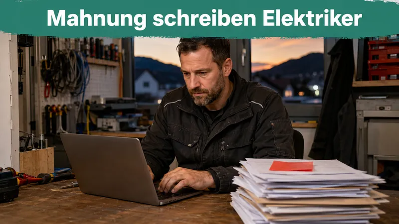 Elektriker sitzt abends am Schreibtisch in der Werkstatt und schreibt am Laptop eine Mahnung, daneben ein Stapel unbezahlter Rechnungen; Banner-Text „Mahnung schreiben Elektriker“