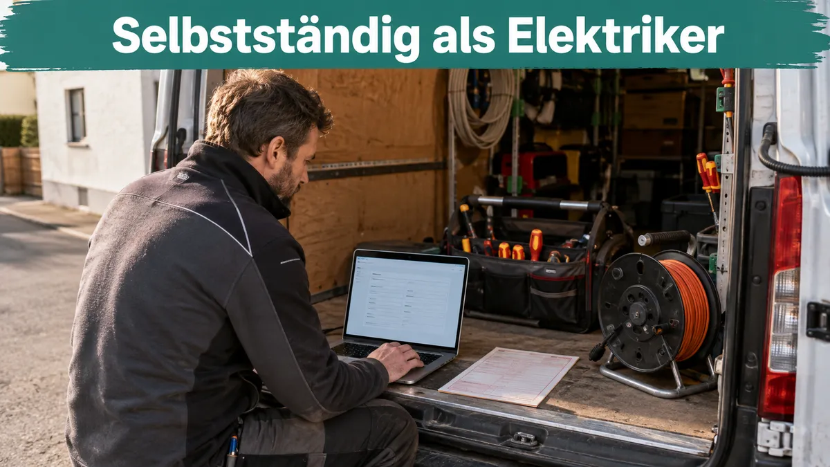 Elektriker sitzt auf der Ladefläche seines Firmenwagens und füllt am Laptop die Online-Gewerbeanmeldung aus, daneben Werkzeugkiste und Kabeltrommel; Banner-Text „Selbstständig als Elektriker“