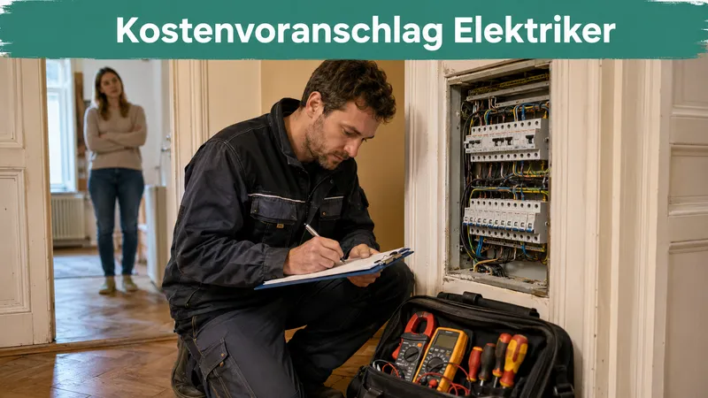 Elektriker kniet vor einem offenen Sicherungskasten in einer Altbauwohnung und schreibt auf einem Klemmbrett einen Kostenvoranschlag, daneben eine Werkzeugtasche mit Prüfgeräten, im Hintergrund die wartende Kundin; Banner-Text „Kostenvoranschlag Elektriker“
