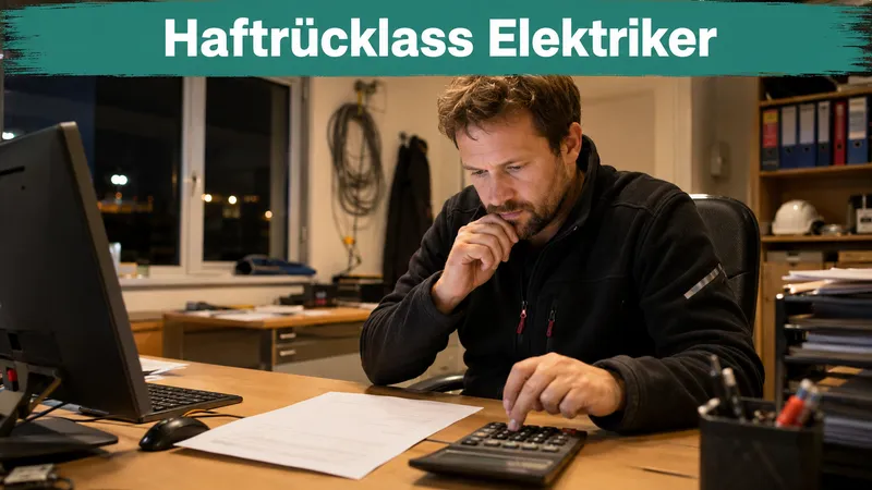 Elektriker rechnet abends im Büro mit einem Taschenrechner den Prozentsatz eines einbehaltenen Rücklasses auf einer Schlussrechnung nach; Banner-Text „Haftrücklass Elektriker“