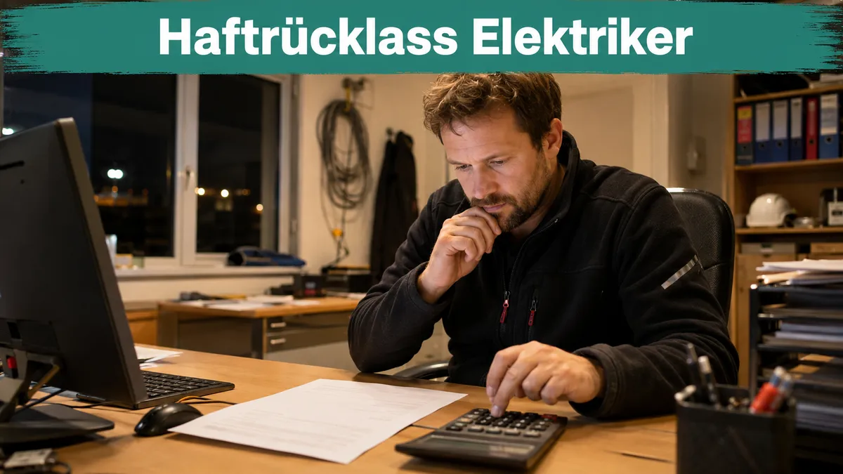Elektriker rechnet abends im Büro mit einem Taschenrechner den Prozentsatz eines einbehaltenen Rücklasses auf einer Schlussrechnung nach; Banner-Text „Haftrücklass Elektriker“