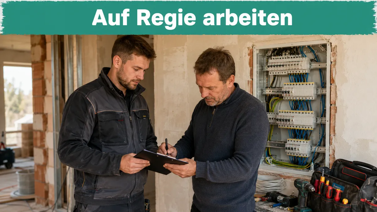 Elektriker füllt auf der Baustelle stehend einen Regiebericht auf einem Klemmbrett aus, während der Kunde direkt daneben unterschreibt; Banner-Text „Auf Regie arbeiten“.