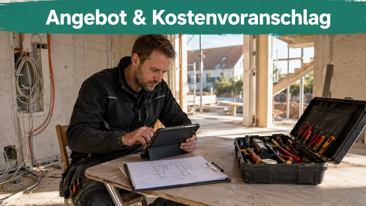 Elektriker tippt auf einem Tablet an einem Klapptisch auf der Baustelle ein Angebot, daneben ein Klemmbrett mit Verteiler-Skizze und ein offener Werkzeugkoffer; Banner-Text „Angebot & Kostenvoranschlag“