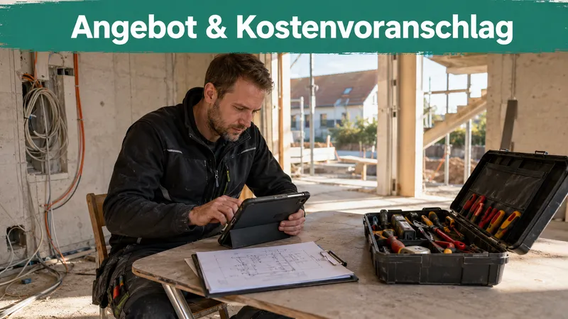 Elektriker tippt auf einem Tablet an einem Klapptisch auf der Baustelle ein Angebot, daneben ein Klemmbrett mit Verteiler-Skizze und ein offener Werkzeugkoffer; Banner-Text „Angebot & Kostenvoranschlag“