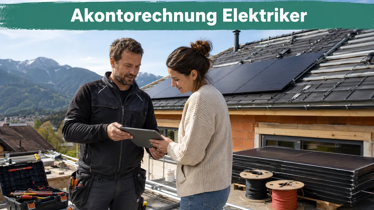 Elektriker übergibt einer Kundin auf der Baustelle vor einer halb montierten PV-Anlage eine Rechnung auf dem Tablet; Banner-Text „Akontorechnung Elektriker“