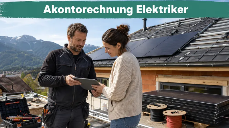 Elektriker übergibt einer Kundin auf der Baustelle vor einer halb montierten PV-Anlage eine Rechnung auf dem Tablet; Banner-Text „Akontorechnung Elektriker“