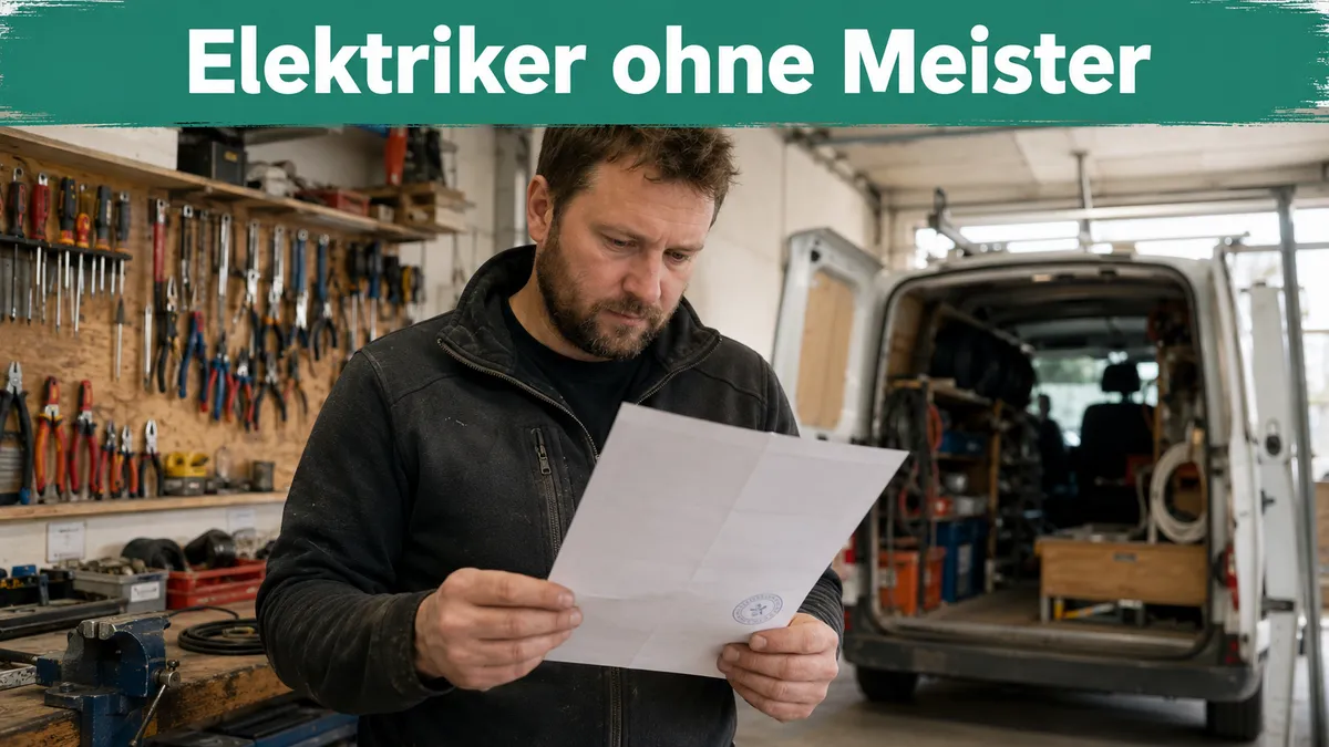 Elektriker steht in seiner Werkstatt und liest konzentriert einen behördlichen Bescheid; Banner-Text „Elektriker ohne Meister“