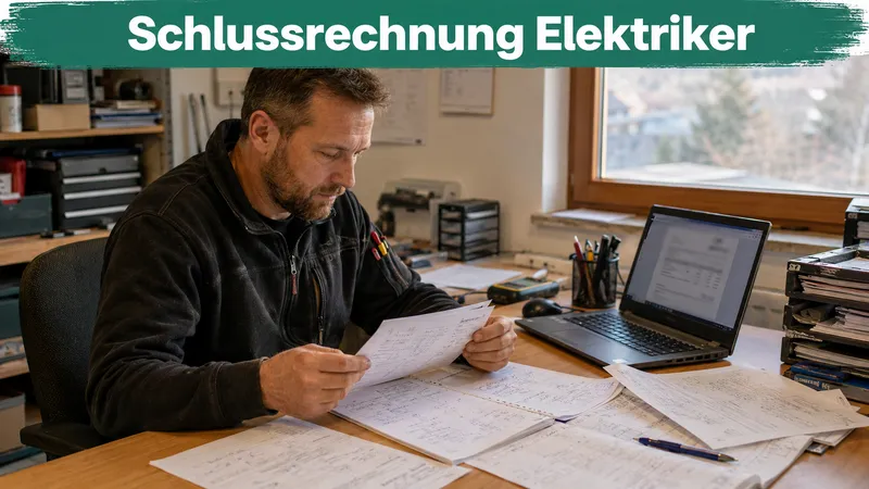 Selbstständiger Elektriker am Schreibtisch mit Stundenzetteln mehrerer Baustellen und Laptop; Banner-Text „Schlussrechnung Elektriker“