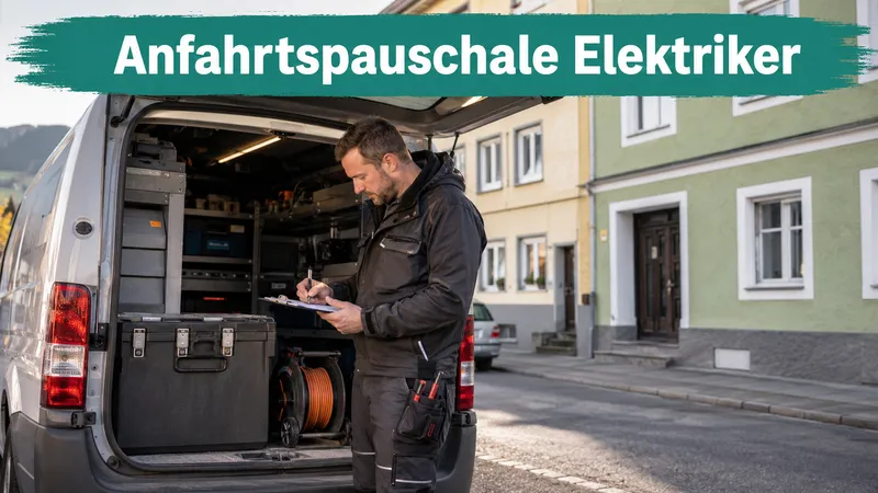 Elektriker steht am offenen Kofferraum seines Servicewagens in einer Reihenhausstraße und trägt die Anfahrt auf einem Klemmbrett in den Kostenvoranschlag ein; Banner-Text „Anfahrtspauschale Elektriker“