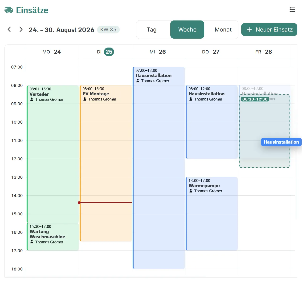 Terminplanung in der Wochenansicht: Termine im Kalender, ein Termin wird per Drag-and-drop verschoben