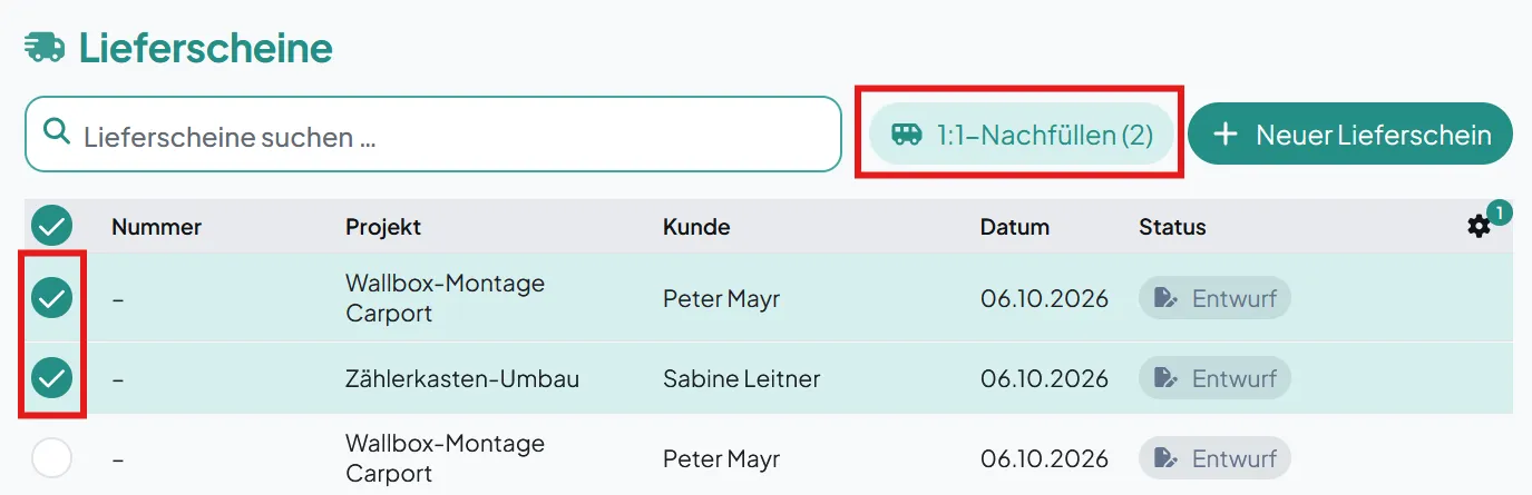 Lieferscheinliste in easyElektriker: zwei Lieferscheine sind angehakt, oben ist der Button „1:1-Nachfüllen (2)“ markiert.