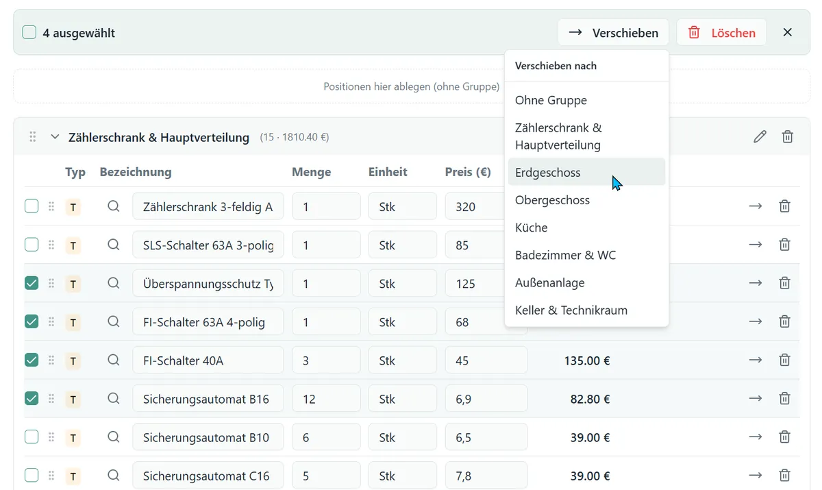 Positionen verschieben in easyElektriker